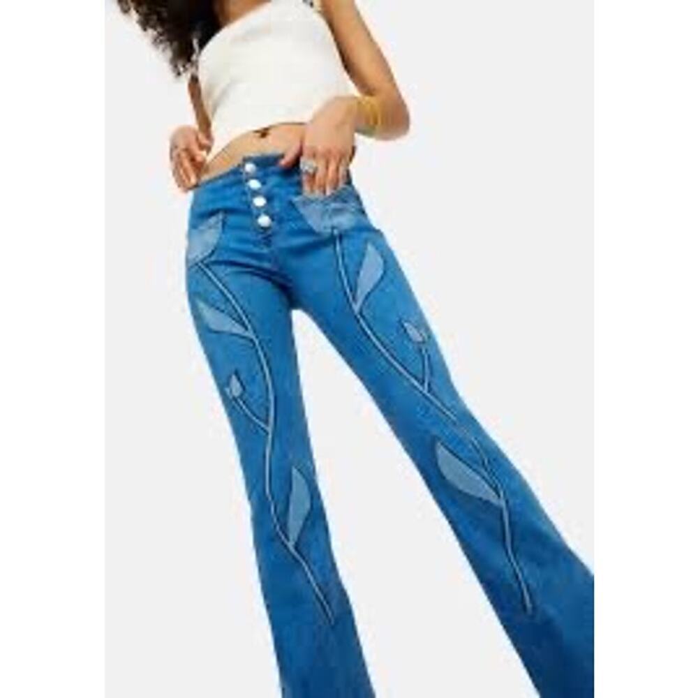 Delia’s Hippie Nights Tulip Print Denim Flare Womens Size L
